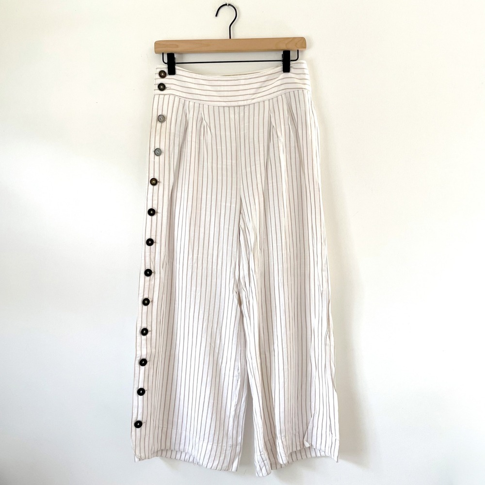 Anthropologie Wide Leg Sailor Pants Cream Tan Striped Side Button Size 4 Boho